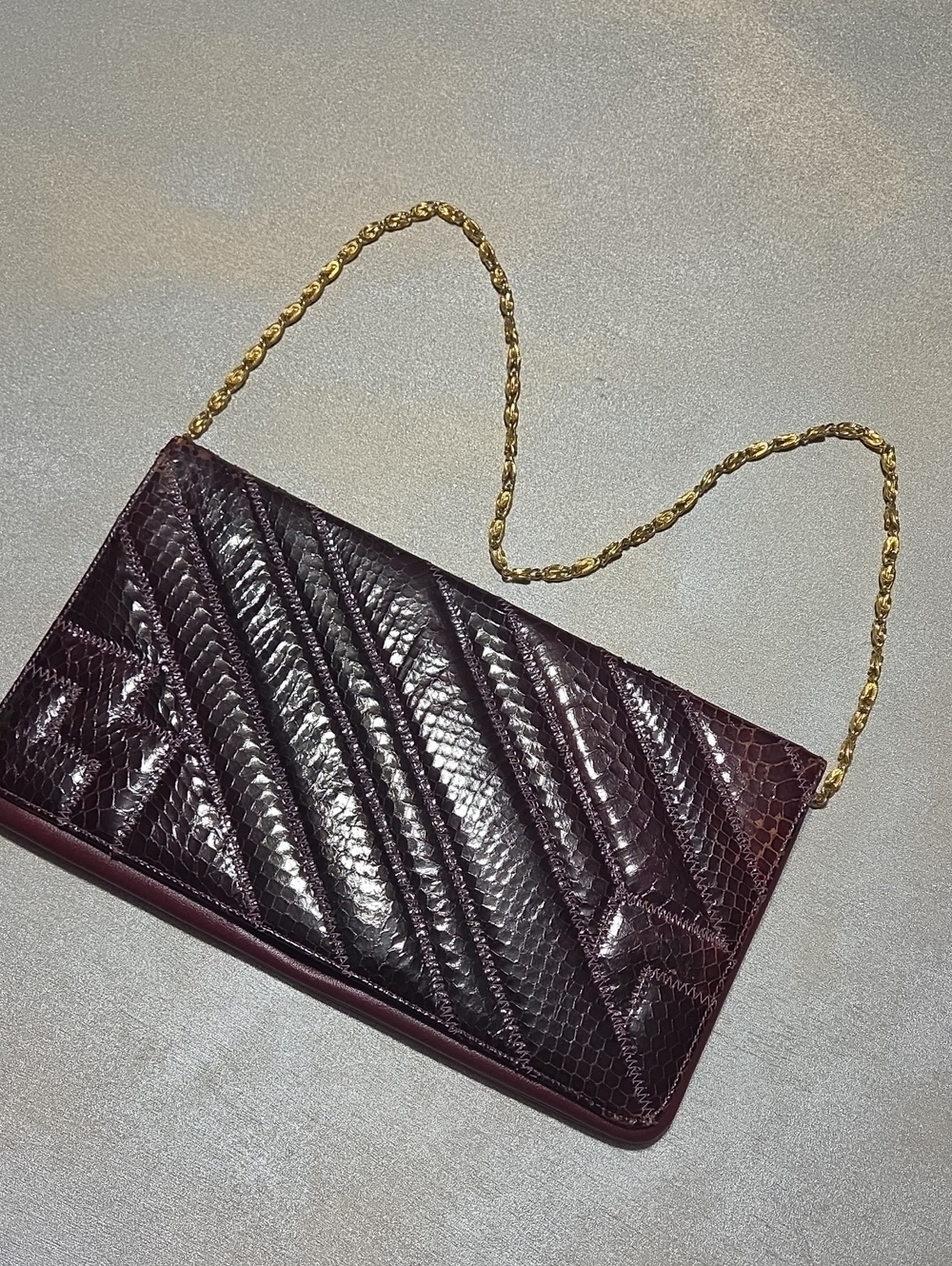 Quilted VINTAGE Burgundy Faux-Snakeskin Chain Shoulder Clutch with Gold Strap